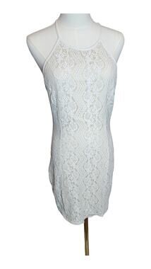 Daily Special White Lace Halter Mini Dress Size L Open Keyhole Mesh Back Bodycon